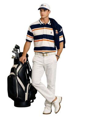90s Polo Golf Ralph Lauren Striped Polo Rugby Shirt Navy Orange White Men L